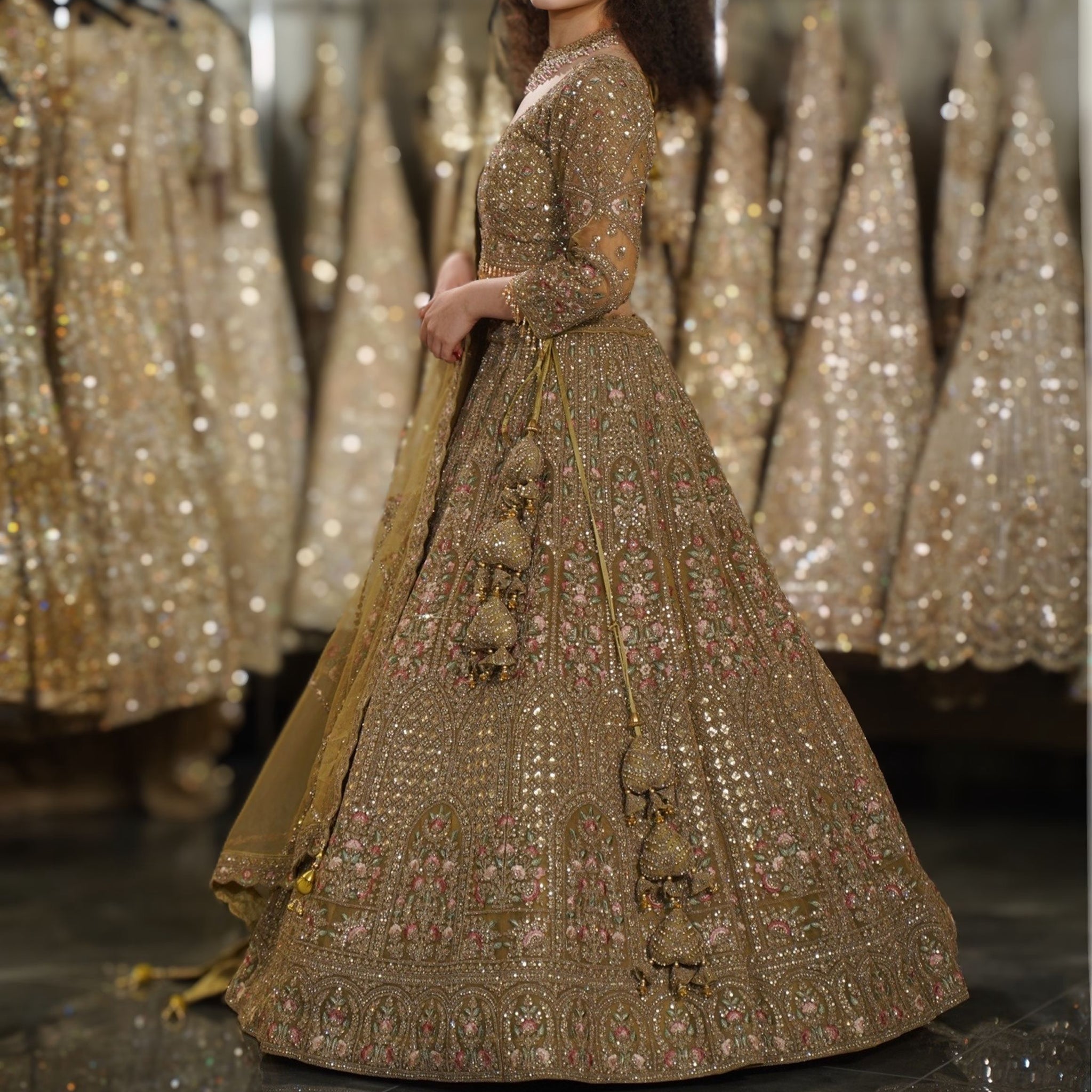 Antique Gold Floral Resham & Architectural Sequin Embroidered Lehenga Set
