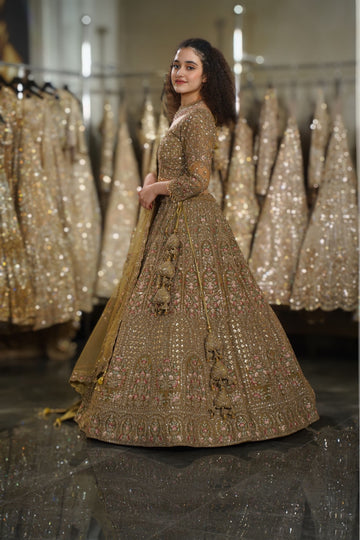Antique Gold Floral Resham & Architectural Sequin Embroidered Lehenga Set
