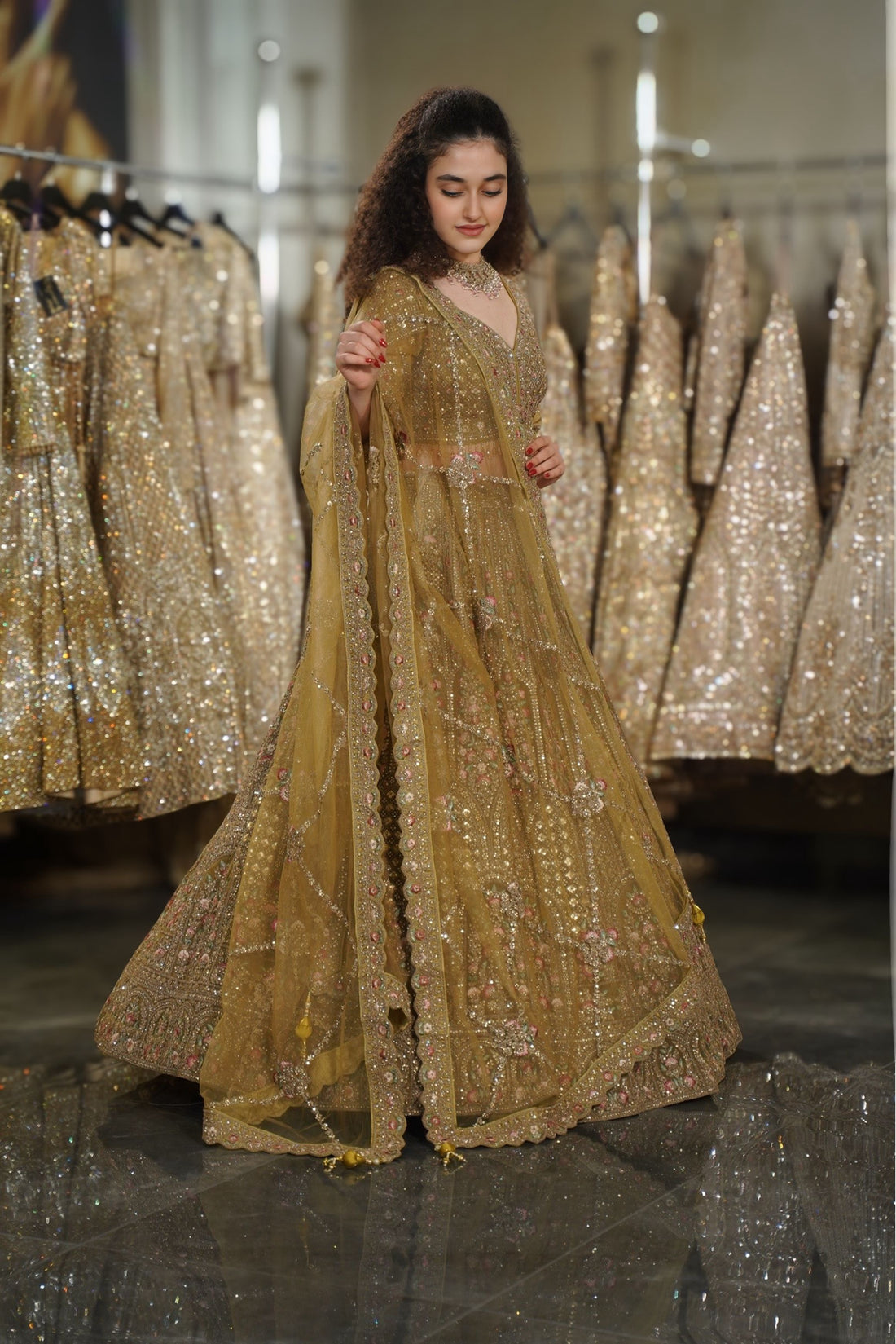 Antique Gold Floral Resham & Architectural Sequin Embroidered Lehenga Set