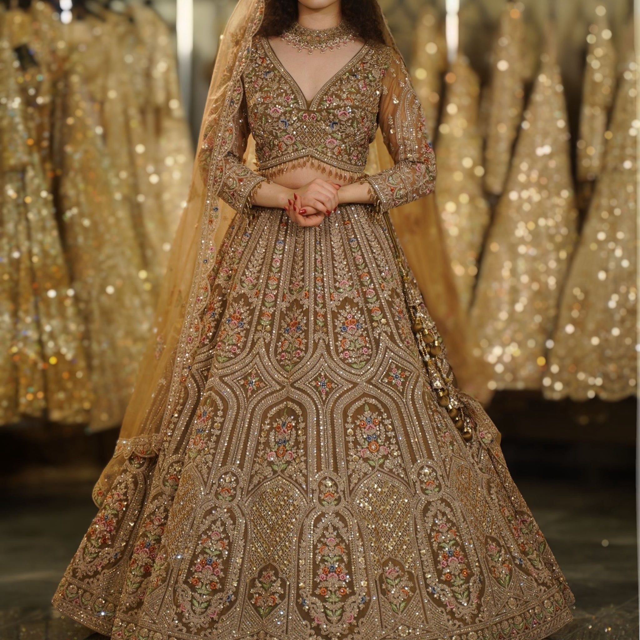 Antique Bronze Multi-Color Floral & Architectural Sequin Embroidered Lehenga Set