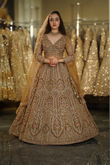 Antique Bronze Multi-Color Floral & Architectural Sequin Embroidered Lehenga Set