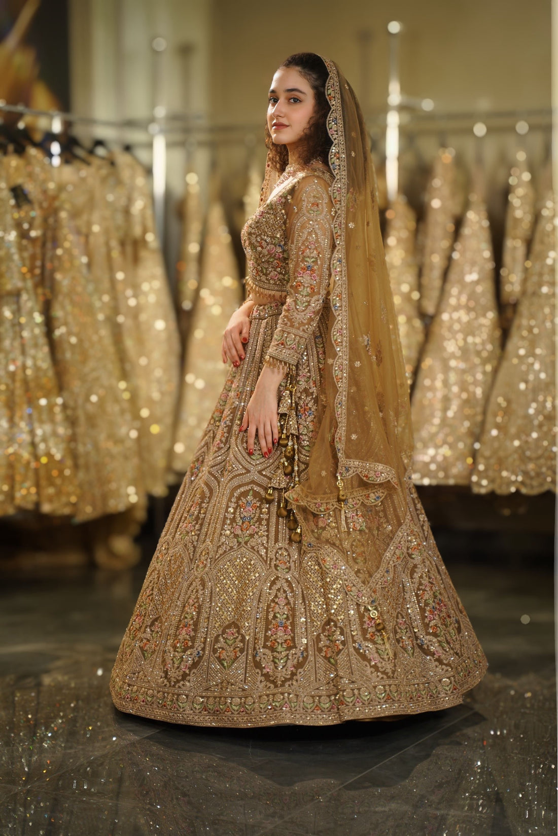 Antique Bronze Multi-Color Floral & Architectural Sequin Embroidered Lehenga Set