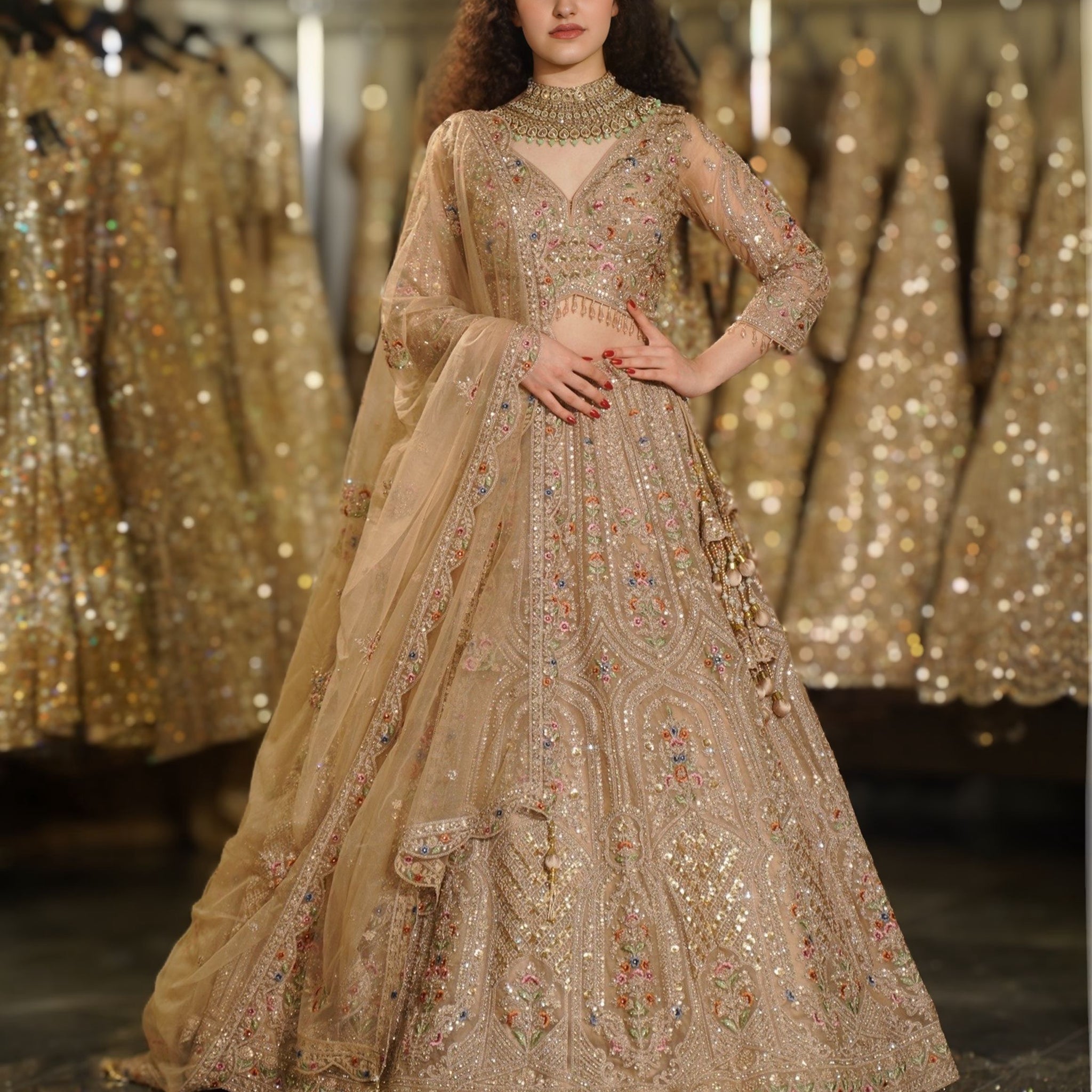 Beige Gold Multi-Color Floral Resham & Sequin Embroidered Lehenga Set