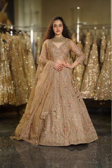 Beige Gold Multi-Color Floral Resham & Sequin Embroidered Lehenga Set
