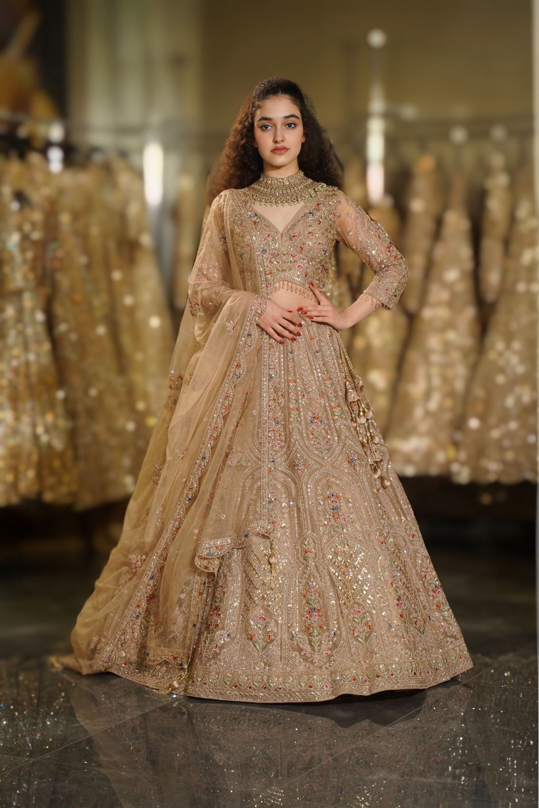 Beige Gold Multi-Color Floral Resham & Sequin Embroidered Lehenga Set