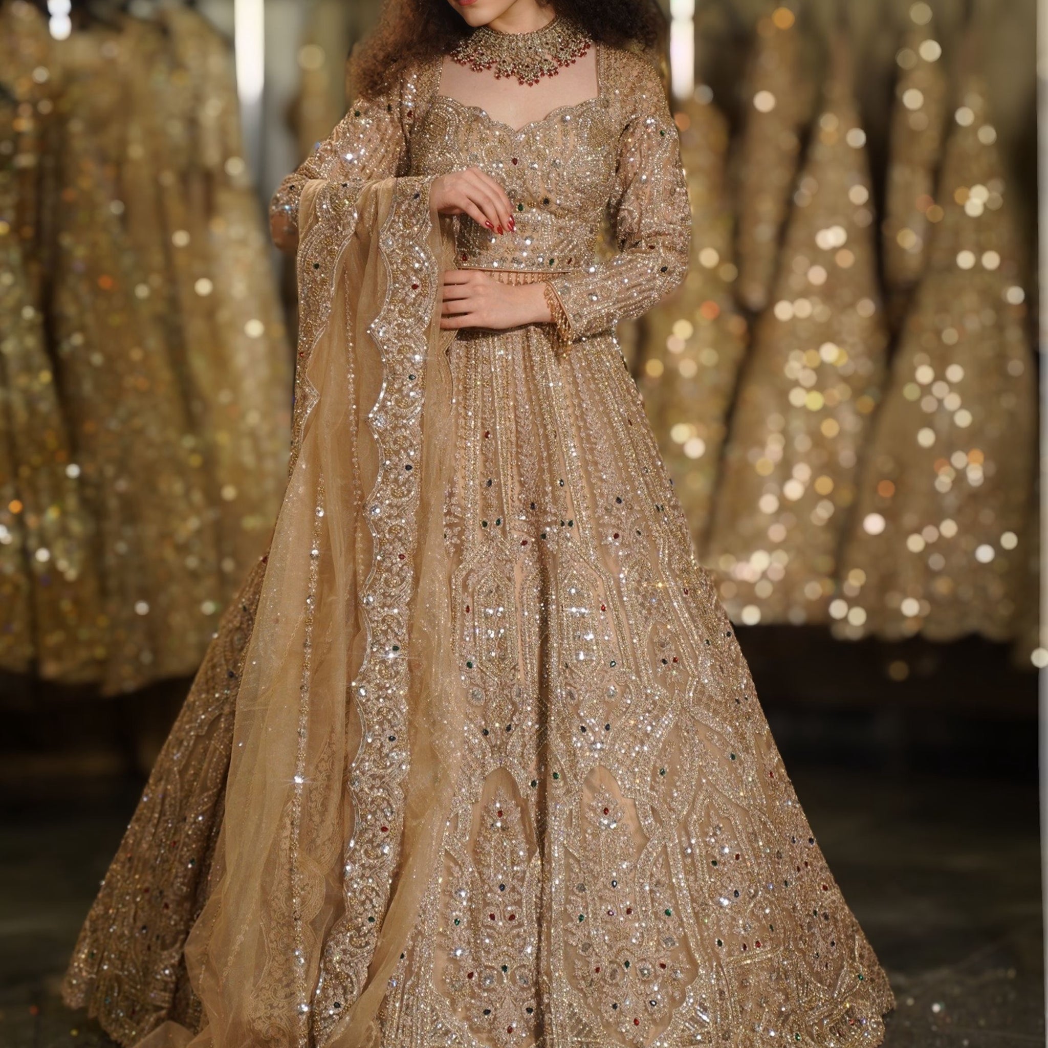 Champagne Gold Multi-Color Crystal & Architectural Sequin Embroidered Lehenga Set