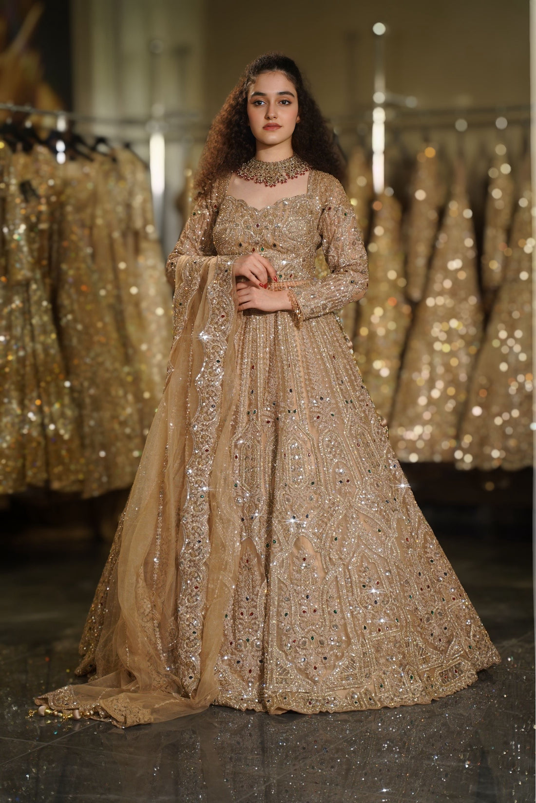 Champagne Gold Multi-Color Crystal & Architectural Sequin Embroidered Lehenga Set
