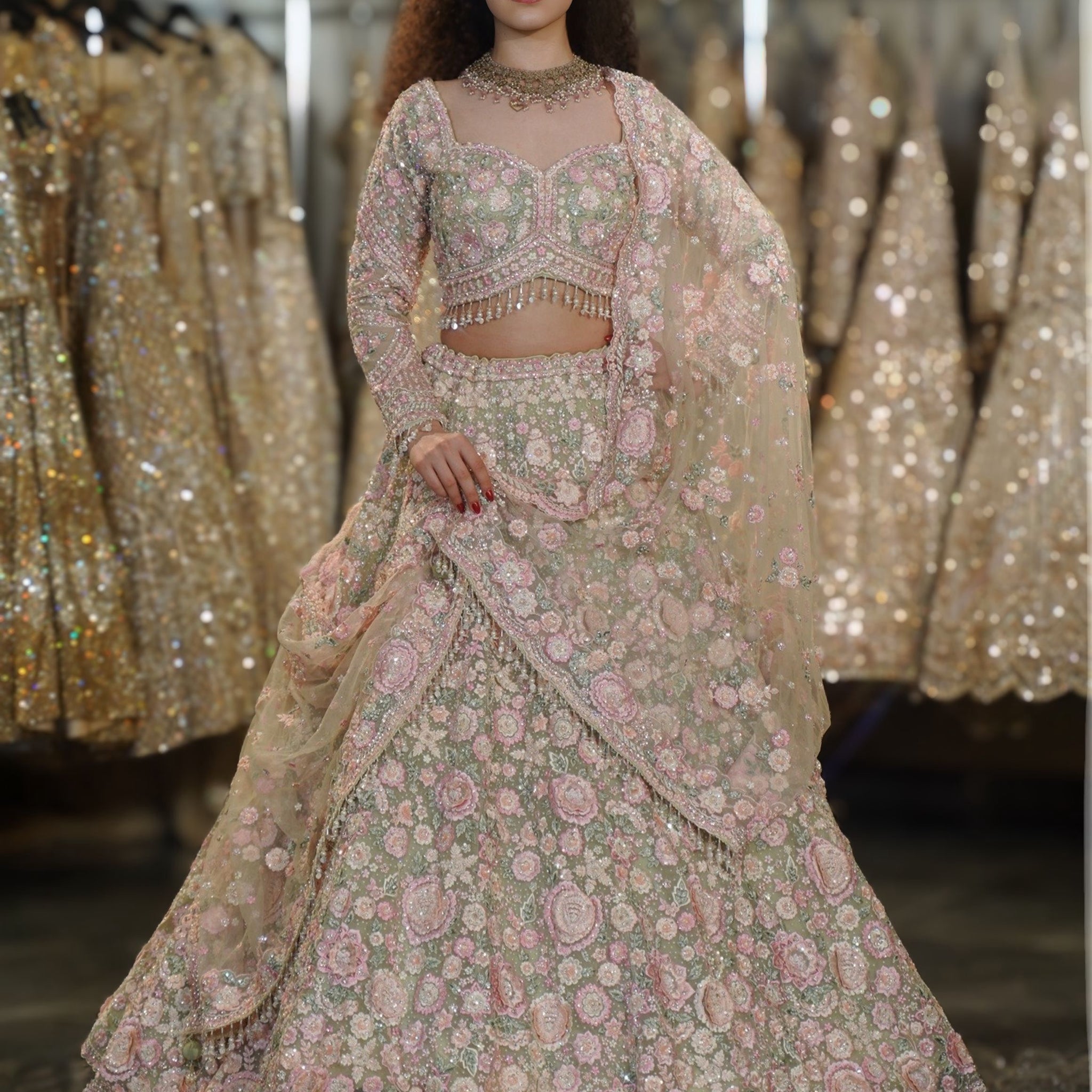 Pistachio Green & Pink Floral Resham & Sequin Embroidered Lehenga Set