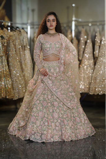 Pistachio Green & Pink Floral Resham & Sequin Embroidered Lehenga Set