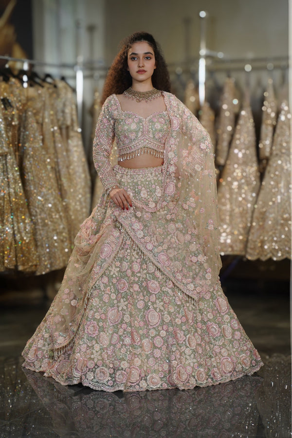 Pistachio Green & Pink Floral Resham & Sequin Embroidered Lehenga Set