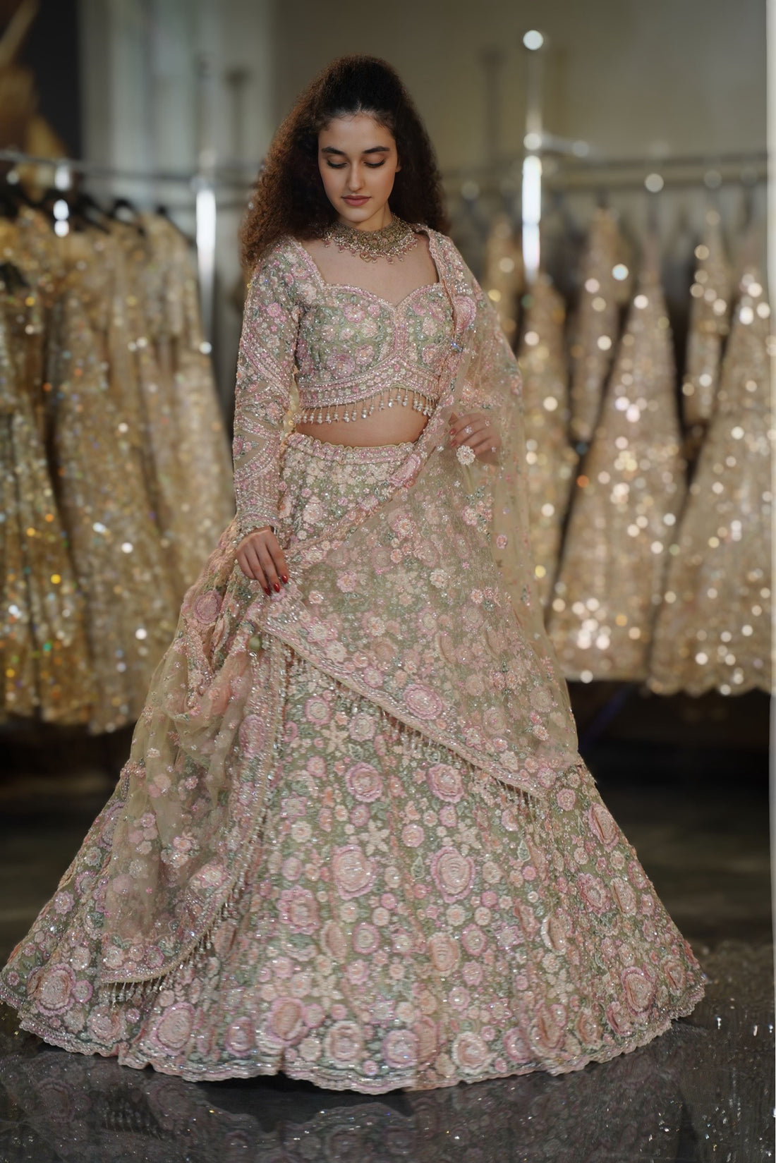 Pistachio Green & Pink Floral Resham & Sequin Embroidered Lehenga Set
