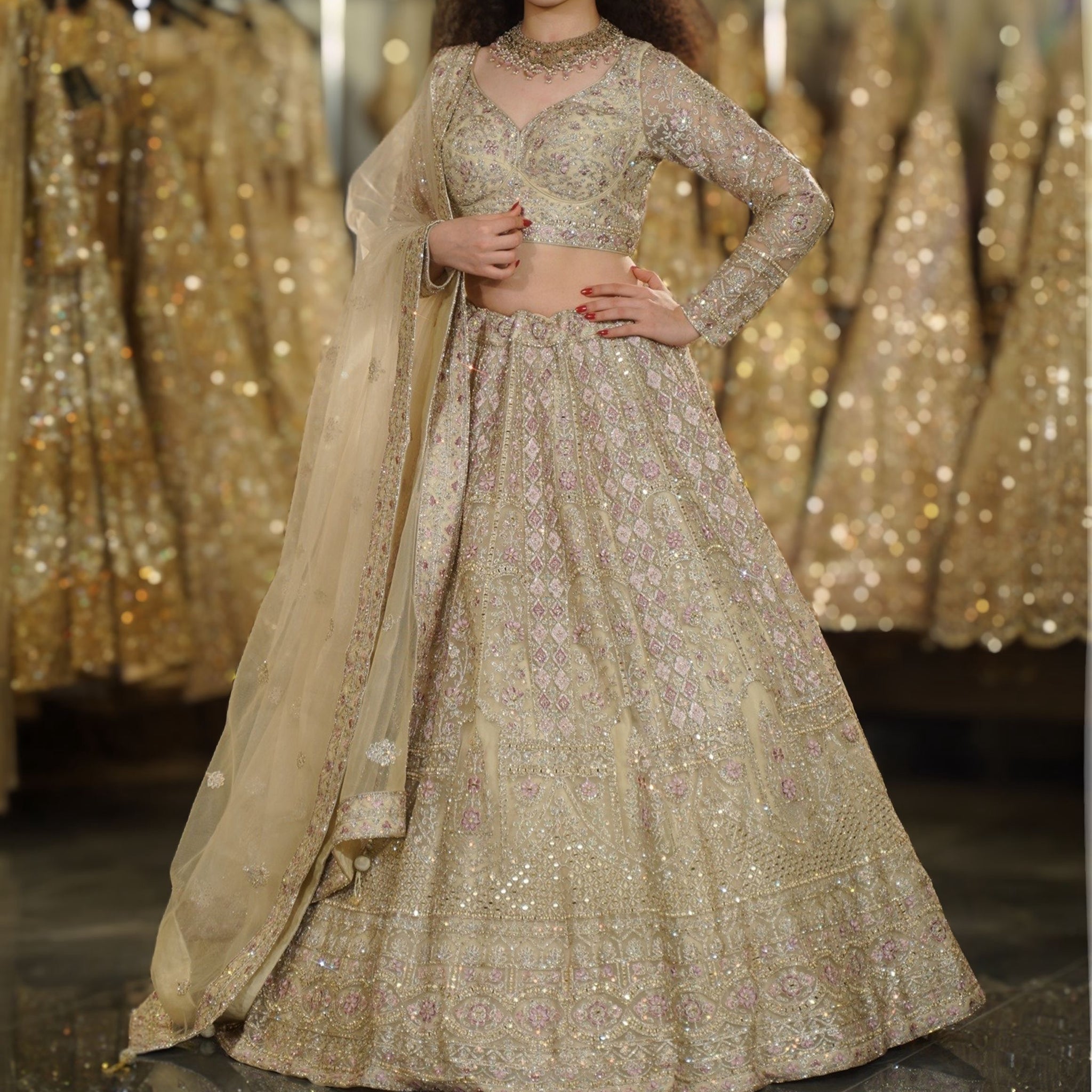 Pale Yellow Cream Geometric & Floral Resham Embroidered Lehenga Set