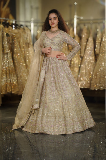 Pale Yellow Cream Geometric & Floral Resham Embroidered Lehenga Set
