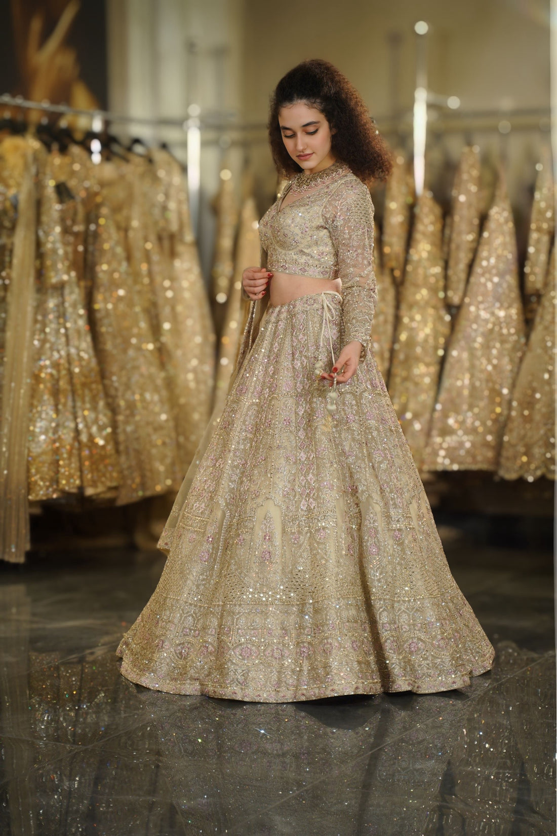Pale Yellow Cream Geometric & Floral Resham Embroidered Lehenga Set