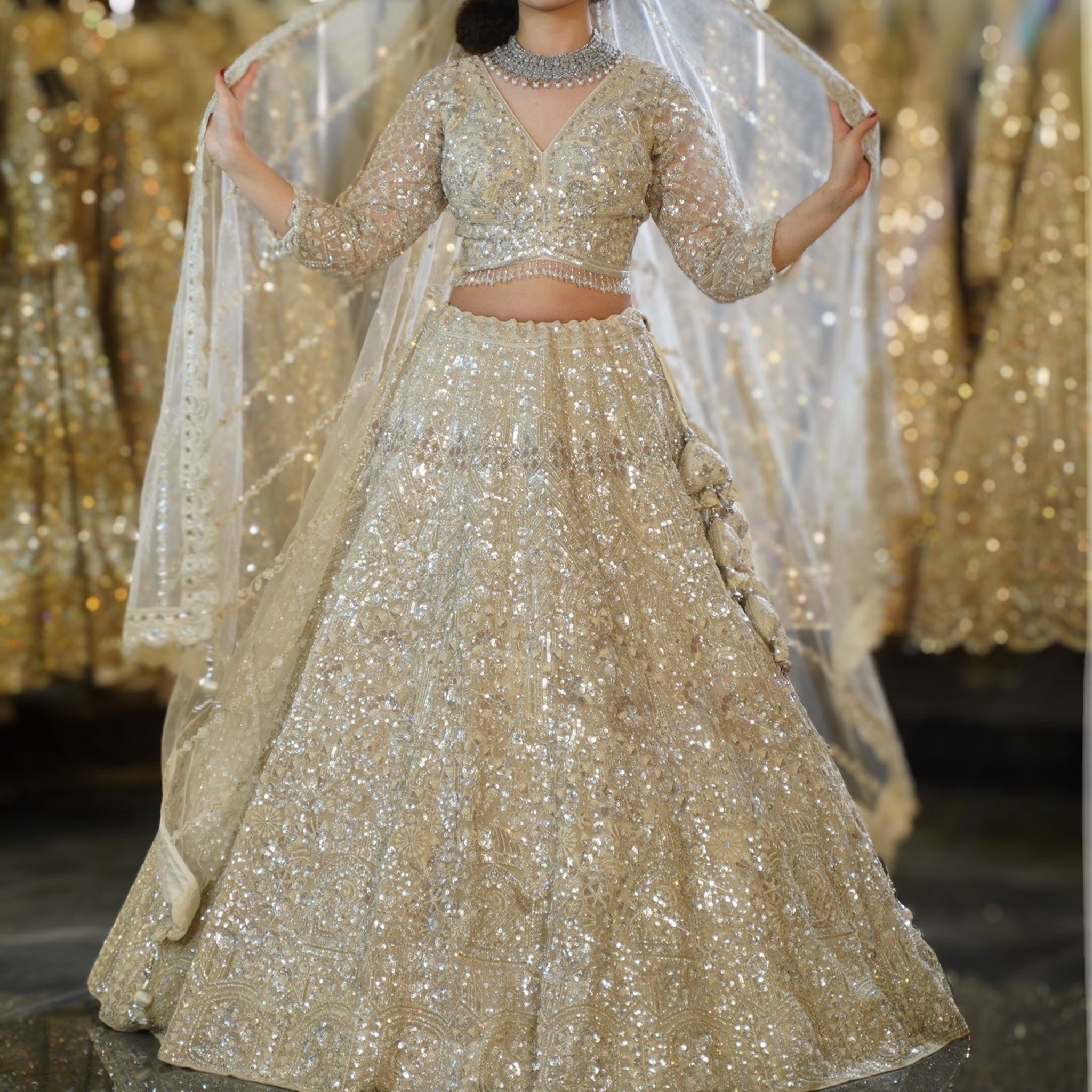 Ivory Silver Heavy Sequin & Crystal Embroidered Lehenga Set