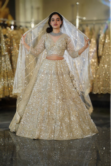 Ivory Silver Heavy Sequin & Crystal Embroidered Lehenga Set