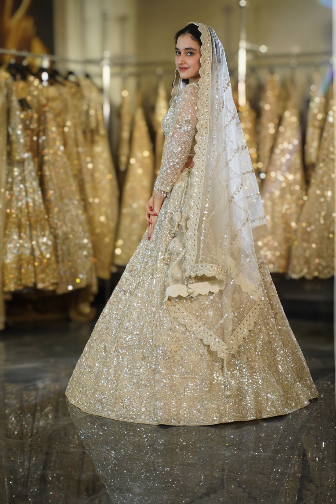 Ivory Silver Heavy Sequin & Crystal Embroidered Lehenga Set