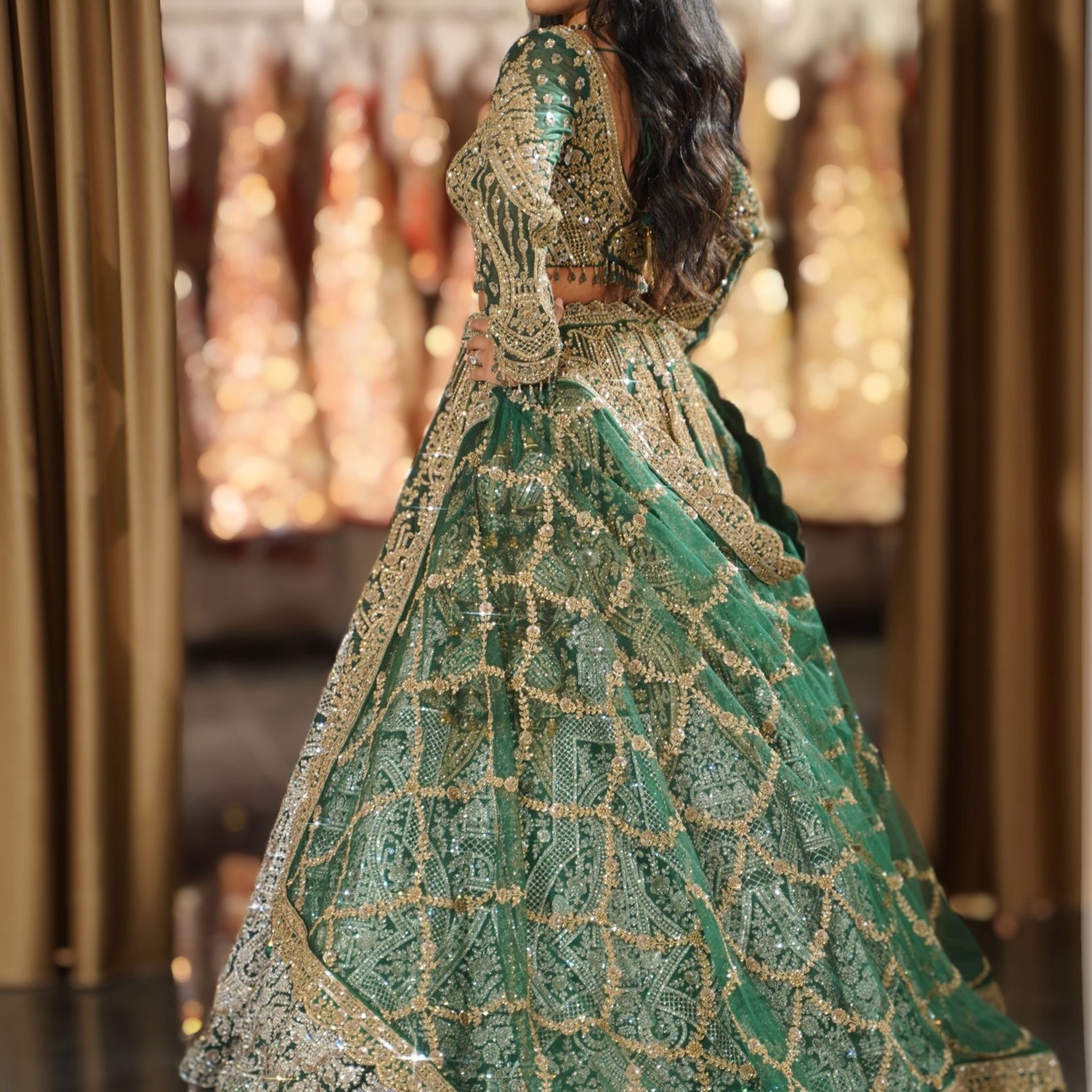 Emerald Green Geometric Embroidered Bridal Lehenga Set