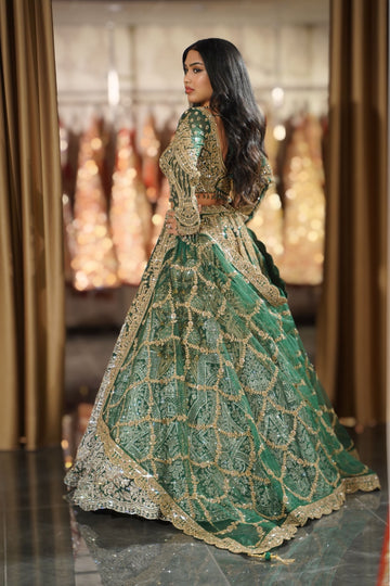 Emerald Green Geometric Embroidered Bridal Lehenga Set