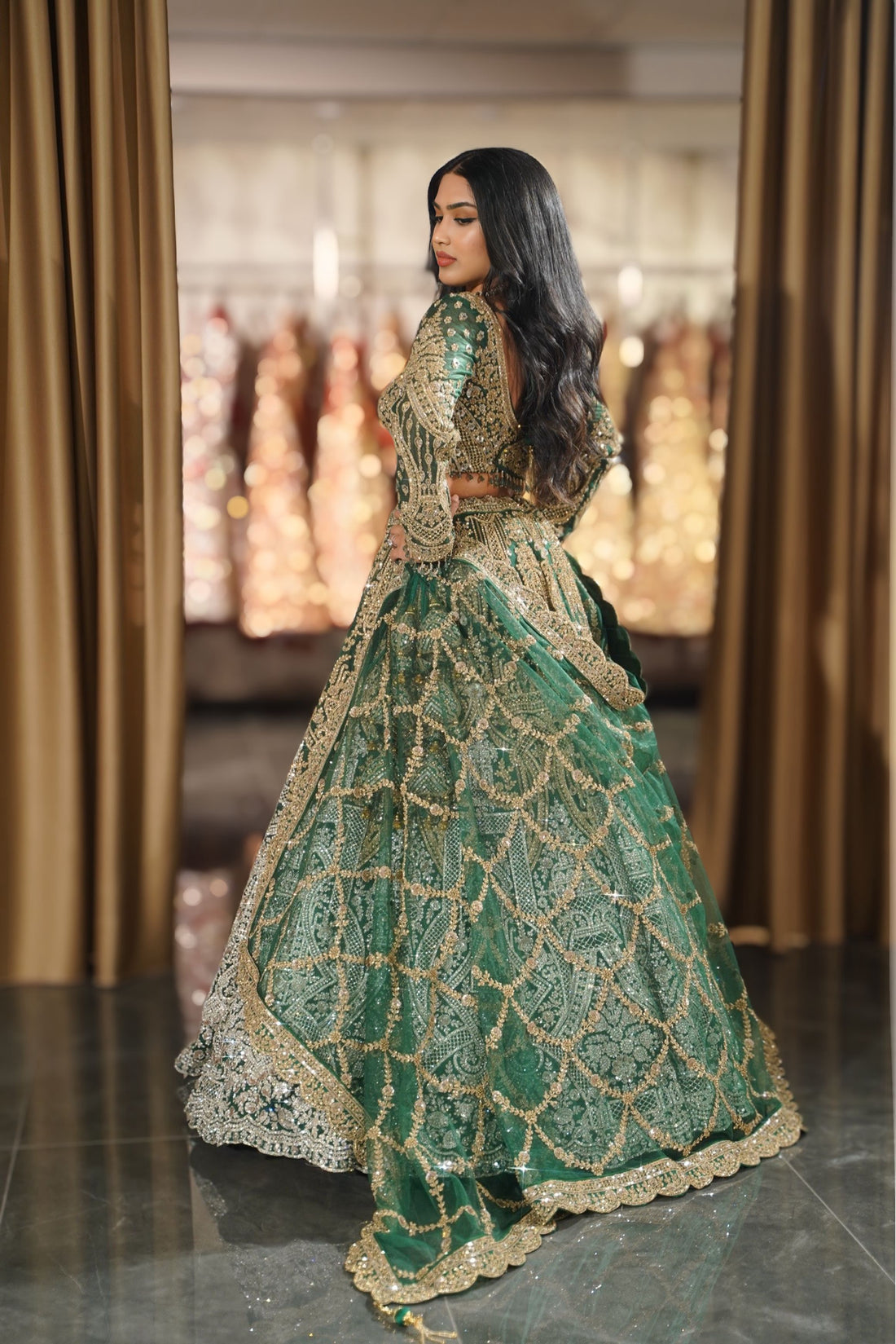 Emerald Green Geometric Embroidered Bridal Lehenga Set