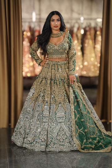 Emerald Green Geometric Embroidered Bridal Lehenga Set