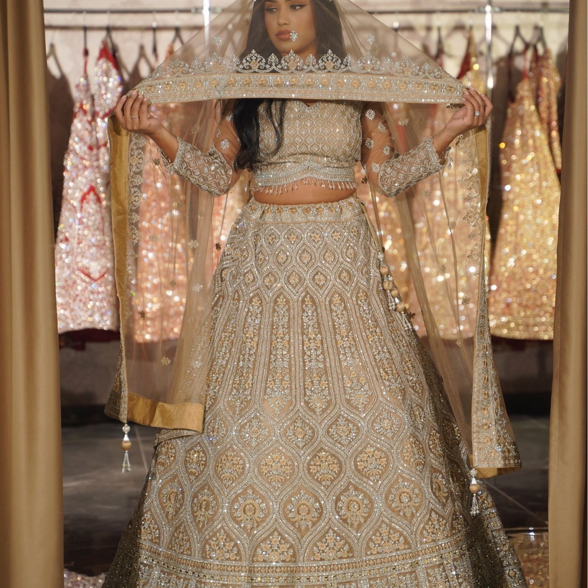 Champagne Gold Ogee Trellis Bridal Lehenga Set