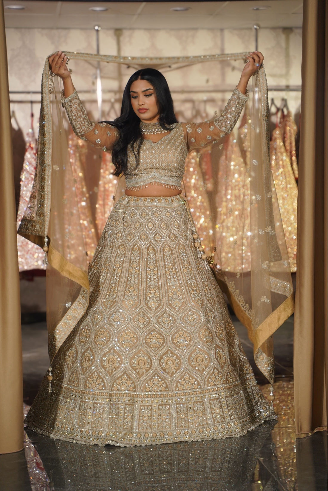 Champagne Gold Ogee Trellis Bridal Lehenga Set
