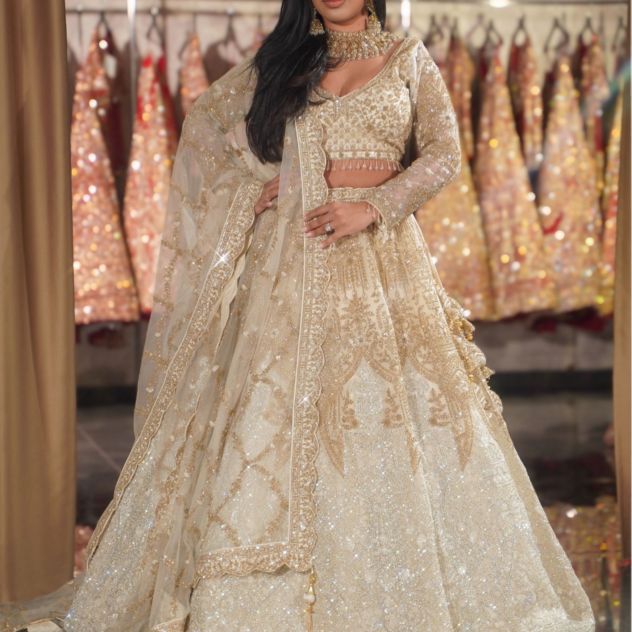Ivory Champagne Diamond Trellis Bridal Lehenga Set