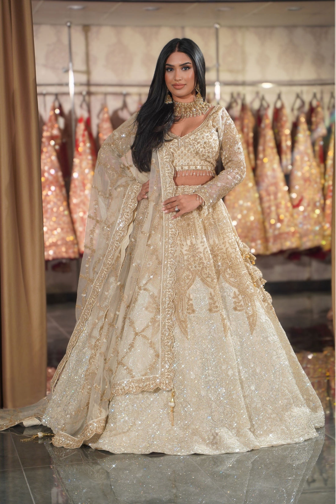 Ivory Champagne Diamond Trellis Bridal Lehenga Set