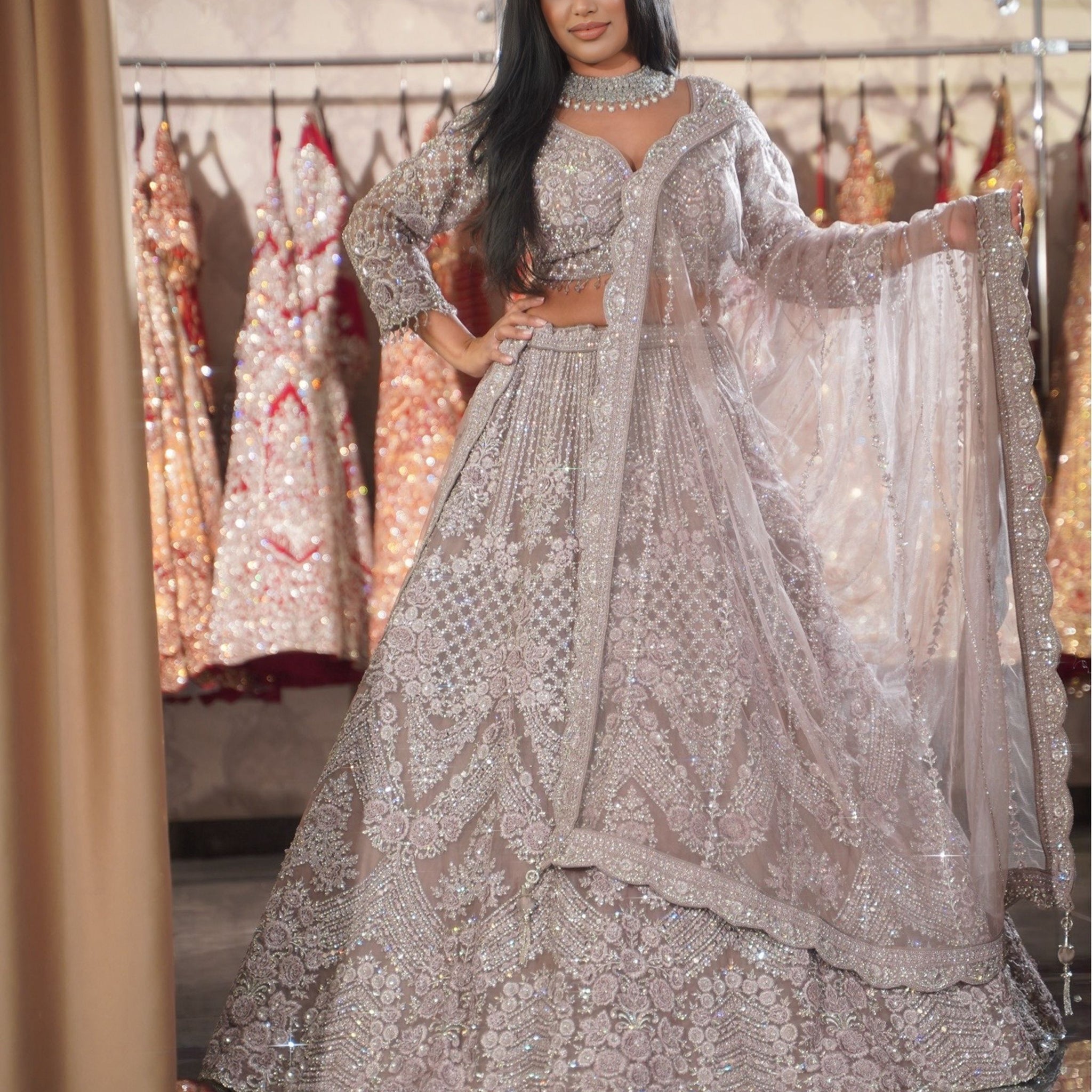 Dusty Lilac Silver Chevron Bridal Lehenga Set