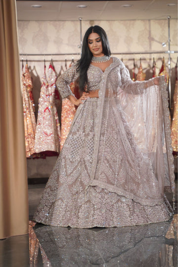 Dusty Lilac Silver Chevron Bridal Lehenga Set