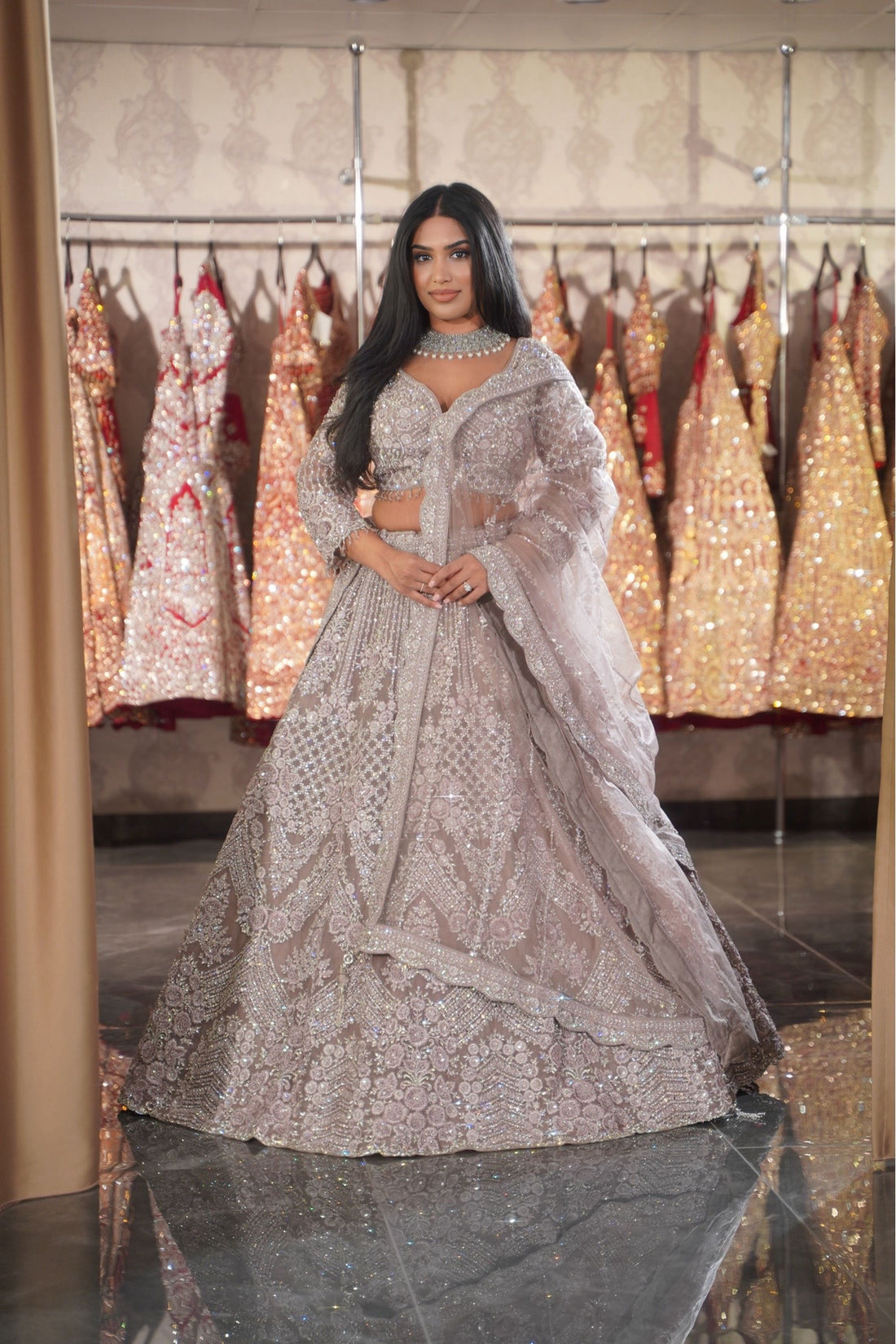Dusty Lilac Silver Chevron Bridal Lehenga Set