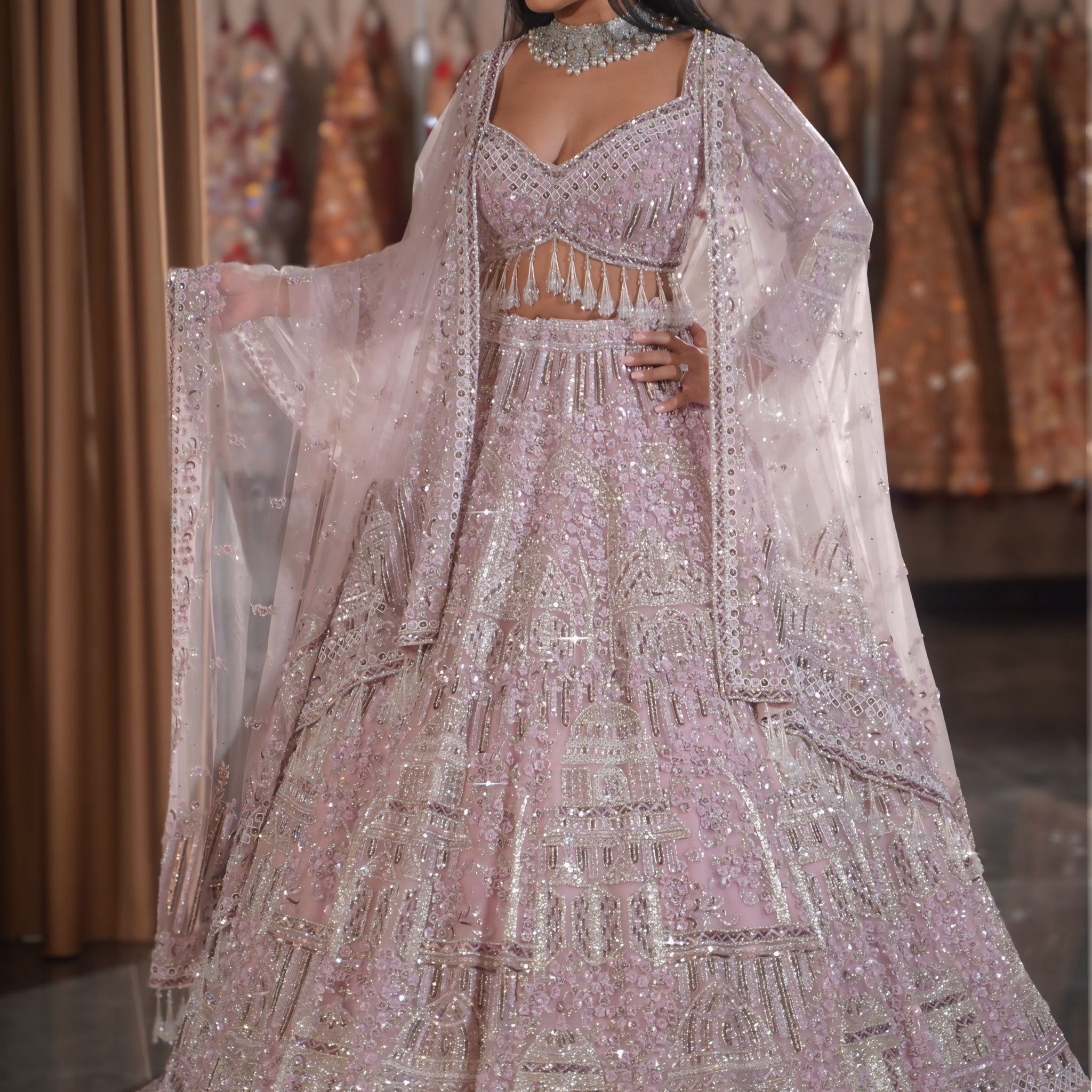 Lilac Pink Architectural Dome & Crystal Fringe Bridal Lehenga