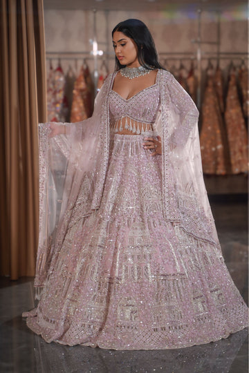 Lilac Pink Architectural Dome & Crystal Fringe Bridal Lehenga