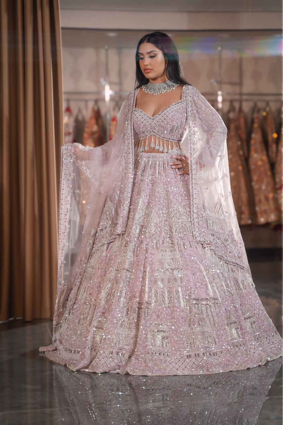 Lilac Pink Architectural Dome & Crystal Fringe Bridal Lehenga