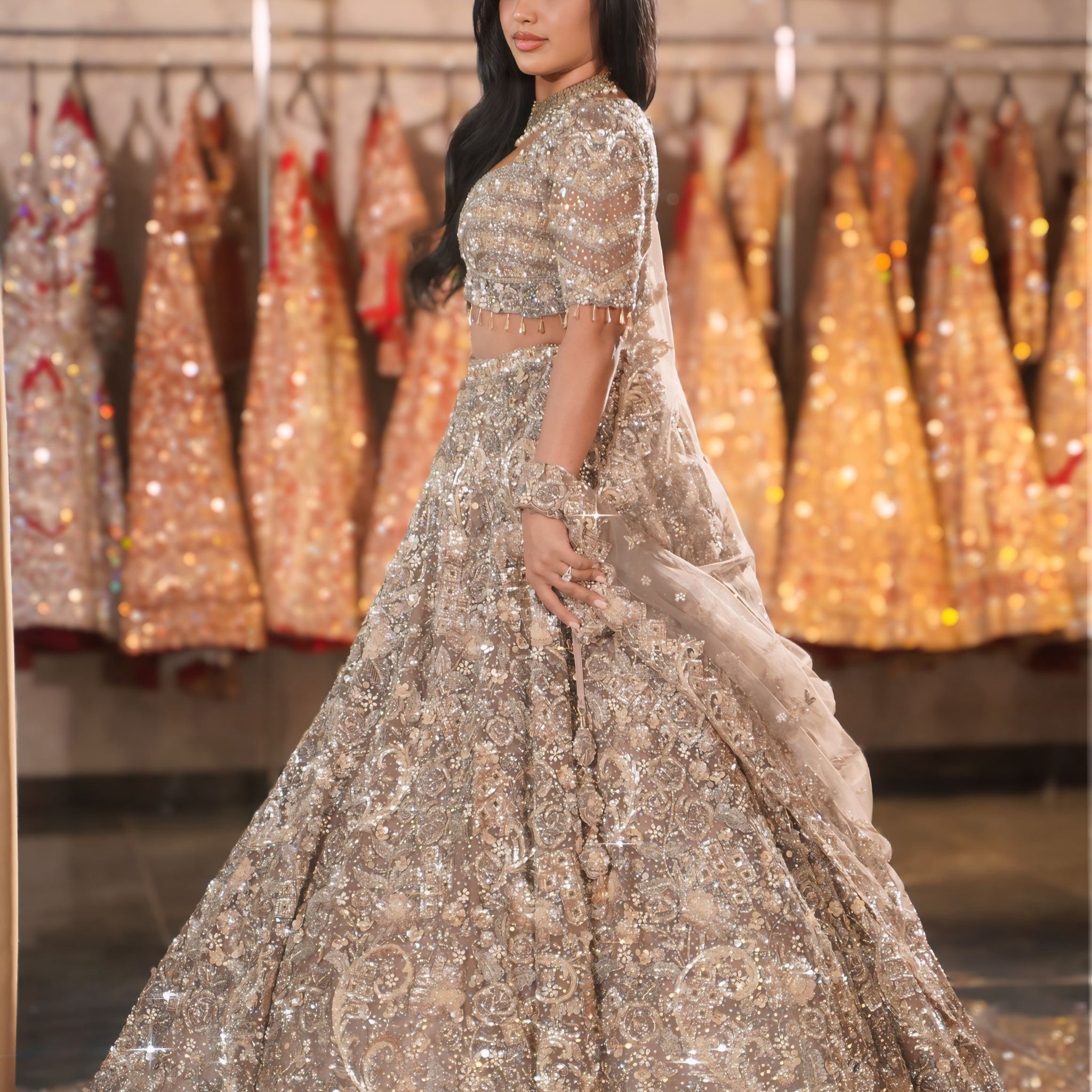 Dusty Taupe Champagne Paisley & Crystal Embroidered Bridal Lehenga