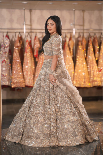 Dusty Taupe Champagne Paisley & Crystal Embroidered Bridal Lehenga