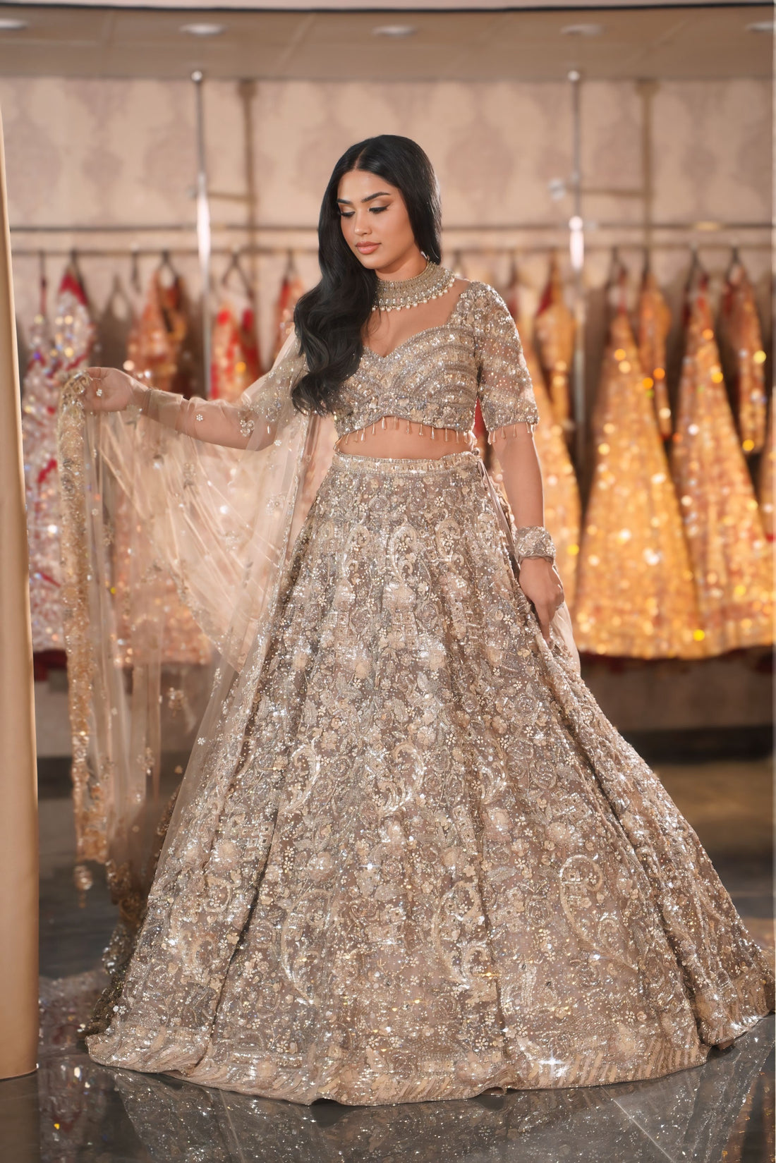 Dusty Taupe Champagne Paisley & Crystal Embroidered Bridal Lehenga