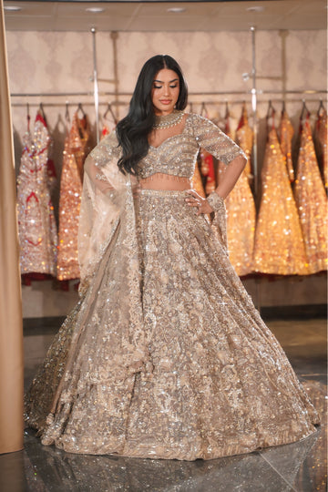 Dusty Taupe Champagne Paisley & Crystal Embroidered Bridal Lehenga