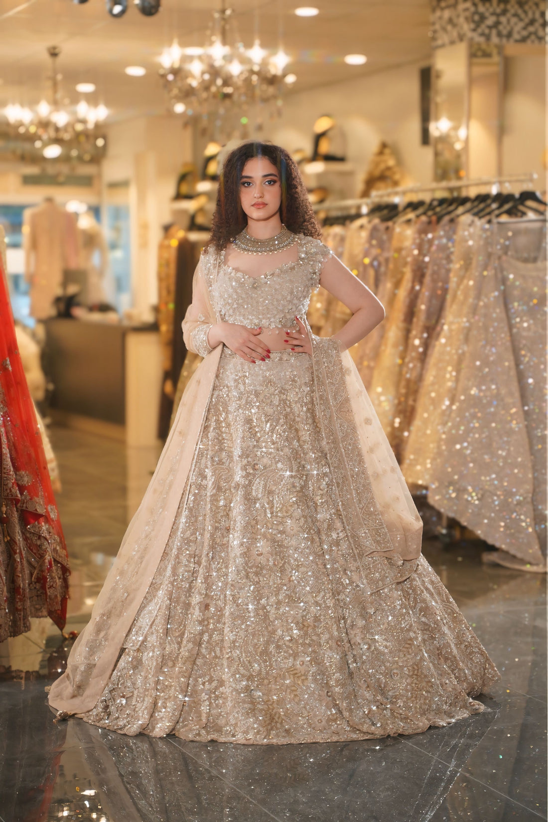 Champagne Gold Floral Sequin & Crystal Embroidered Bridal Lehenga