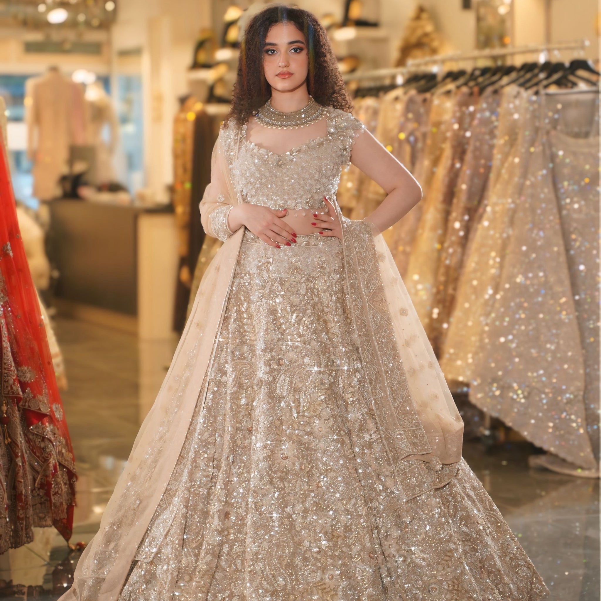 Champagne Gold Floral Sequin & Crystal Embroidered Bridal Lehenga