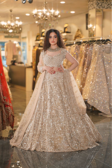 Champagne Gold Floral Sequin & Crystal Embroidered Bridal Lehenga