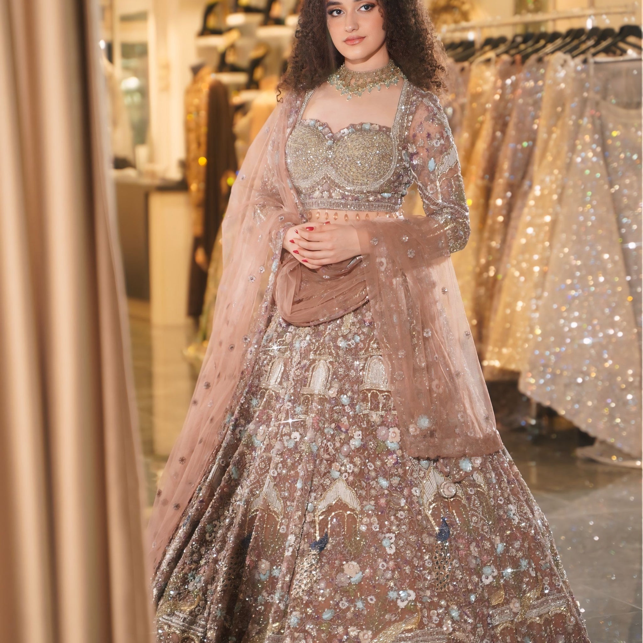 Dusty Mauve Architectural & Peacock Embroidered Bridal Lehenga