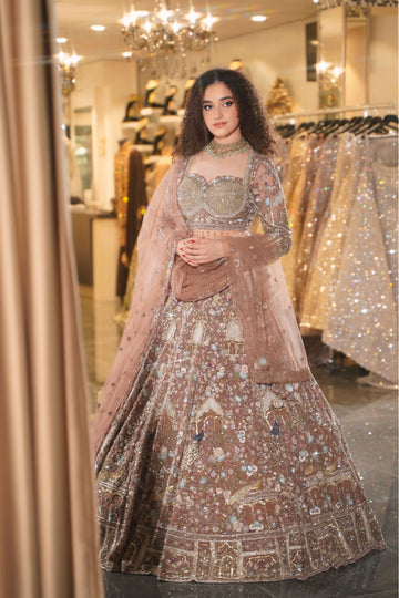 Dusty Mauve Architectural & Peacock Embroidered Bridal Lehenga