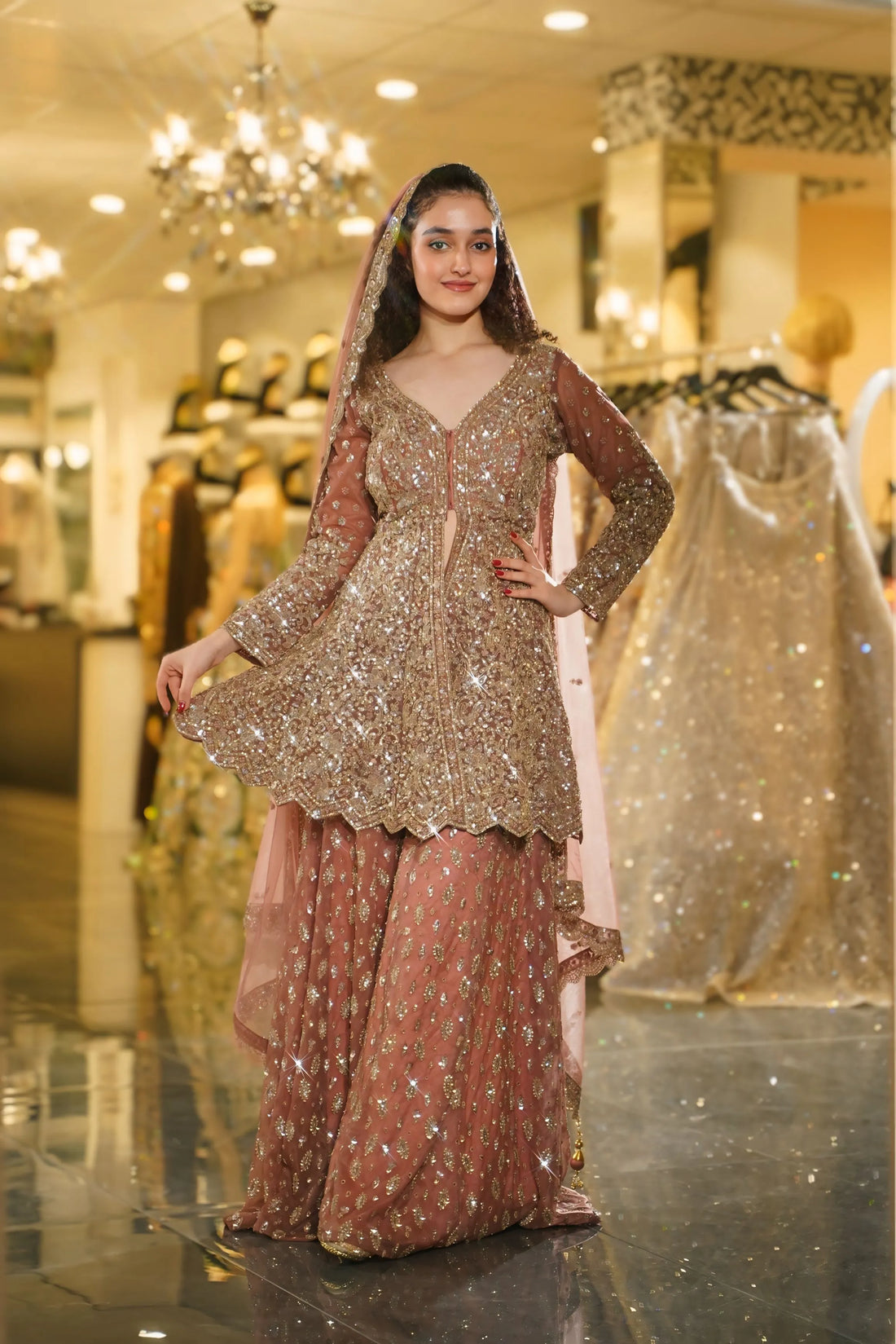 Rose Gold Sequin Embellished Bridal Sharara Set