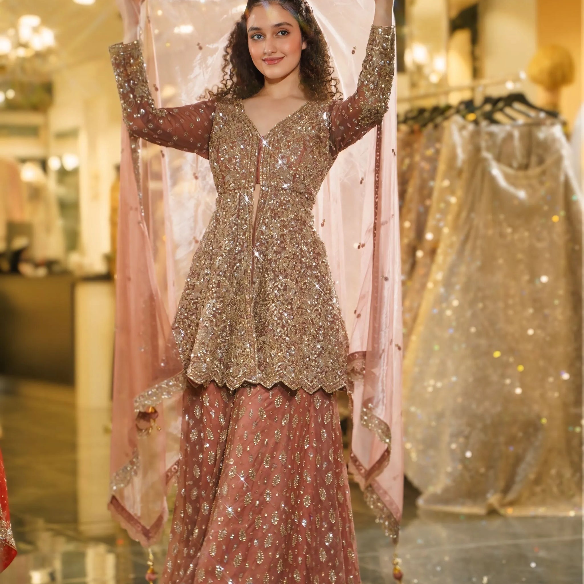 Rose Gold Sequin Embellished Bridal Sharara Set