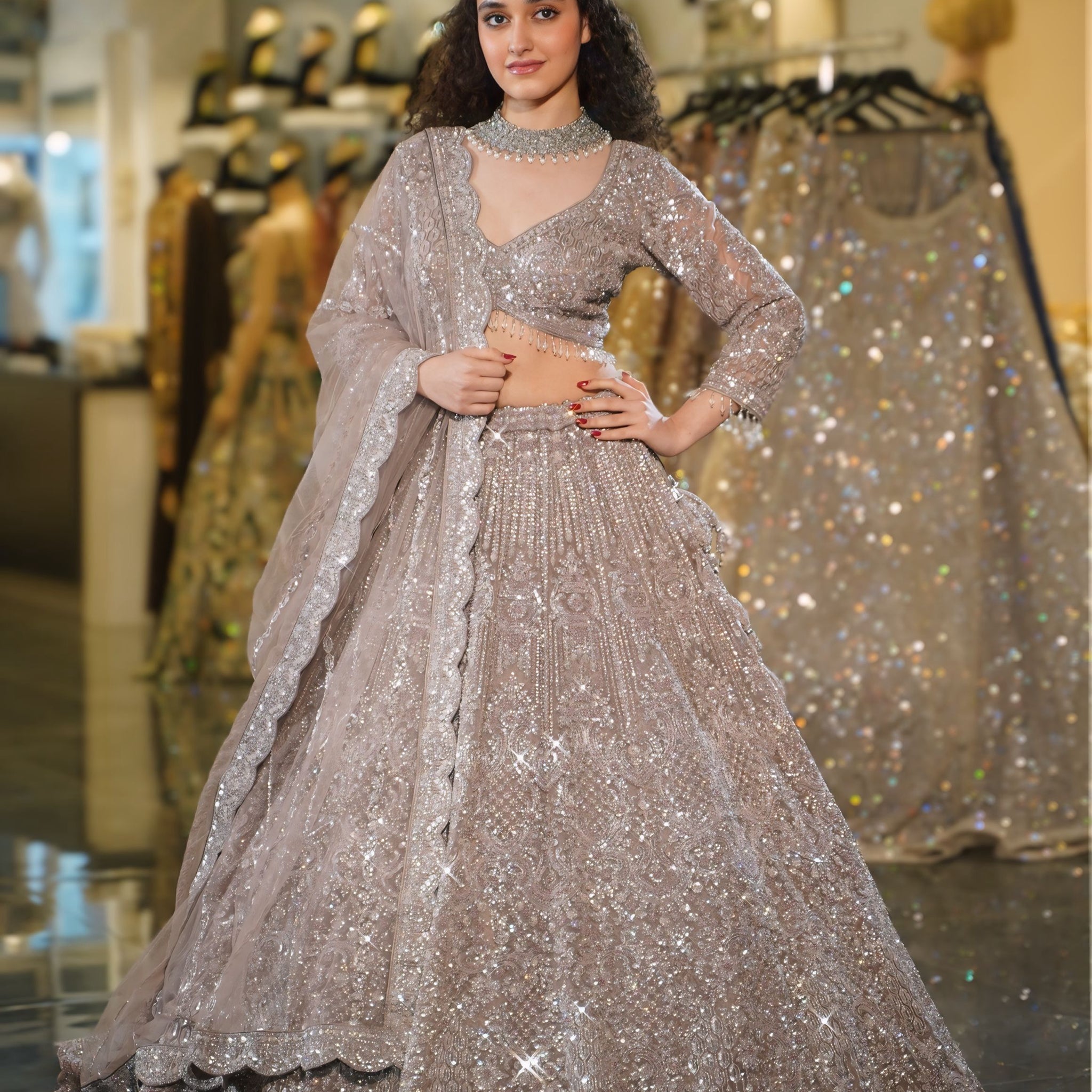 Dusty Mauve Silver Crystal Fringe Lehenga Set