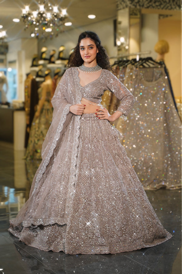 Dusty Mauve Silver Crystal Fringe Lehenga Set