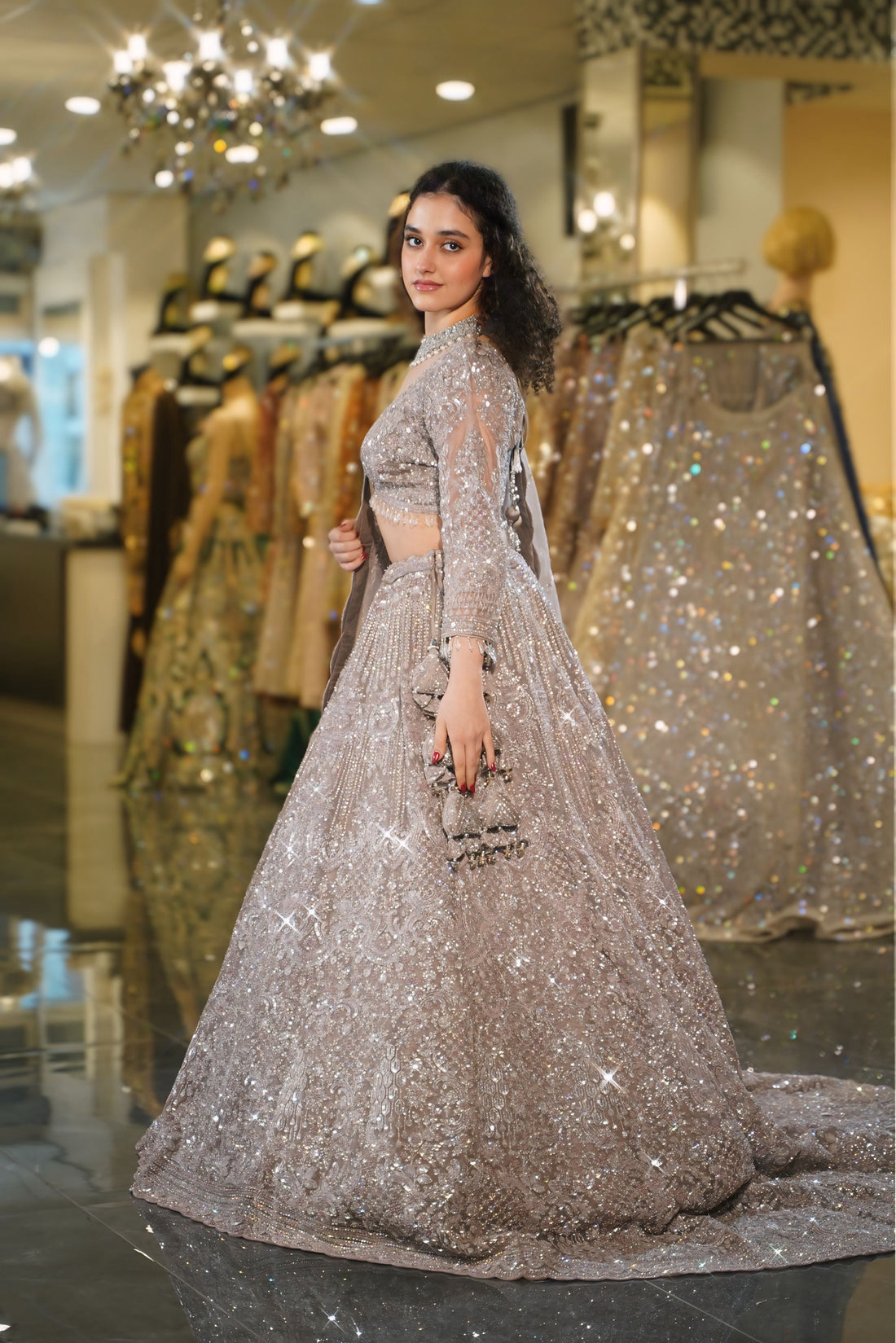 Dusty Mauve Silver Crystal Fringe Lehenga Set