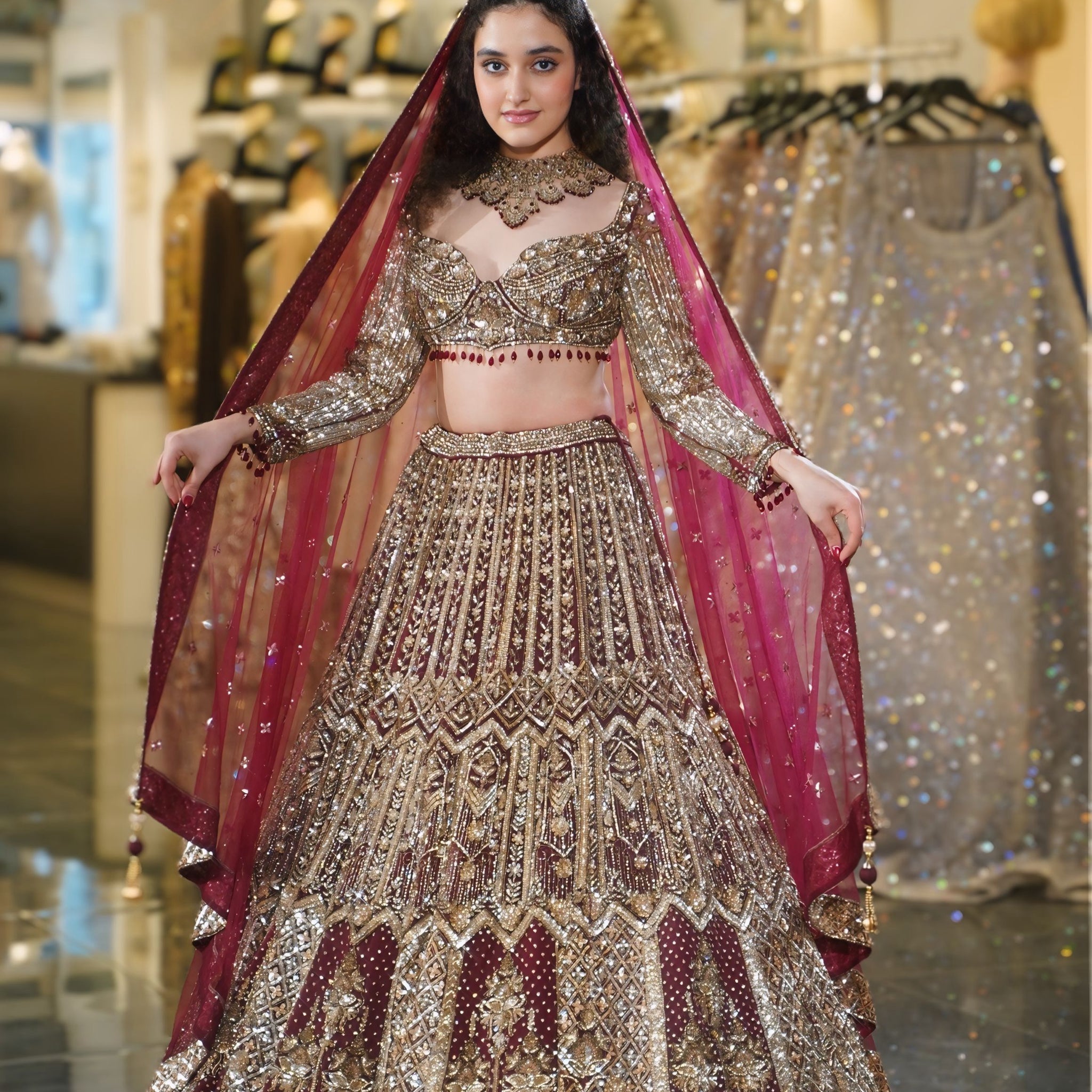 Deep Maroon Geometric Zardosi & Crystal Embroidered Bridal Lehenga